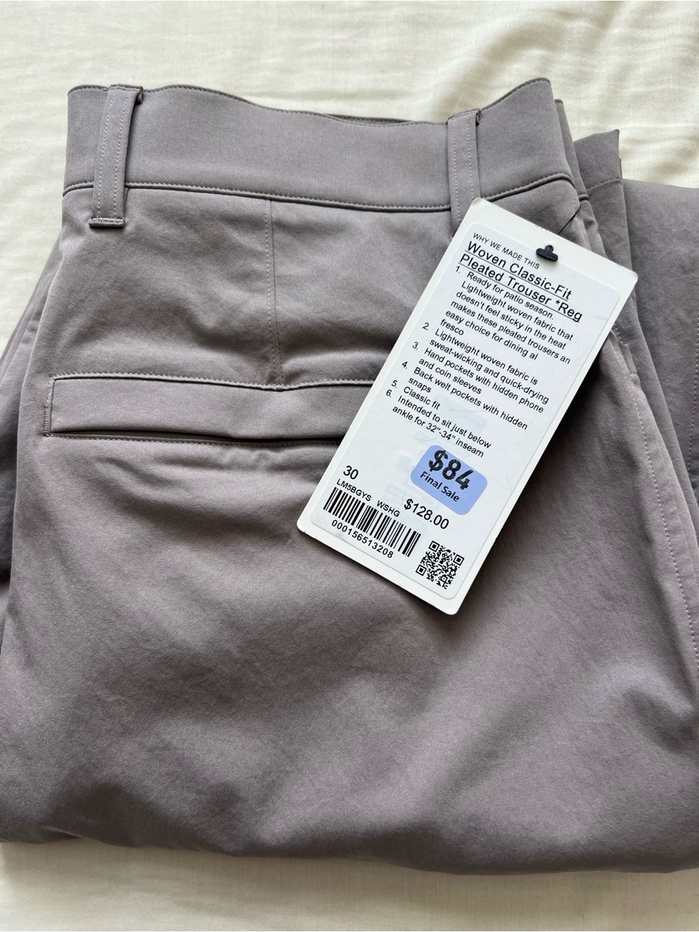 NWT Lululemon Woven Classic-Fit Pleated Trouser Regular Size 30 in Warm Ash Grey